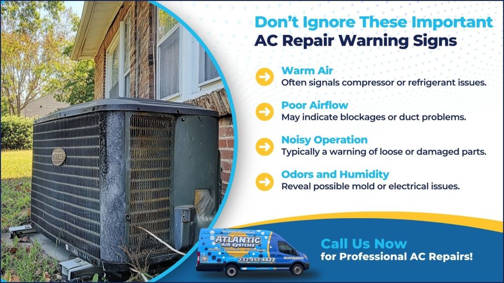This is an image of an old air-conditioning unit on the side of the house. The headline reads don't ignore these important AC repair warning signs.