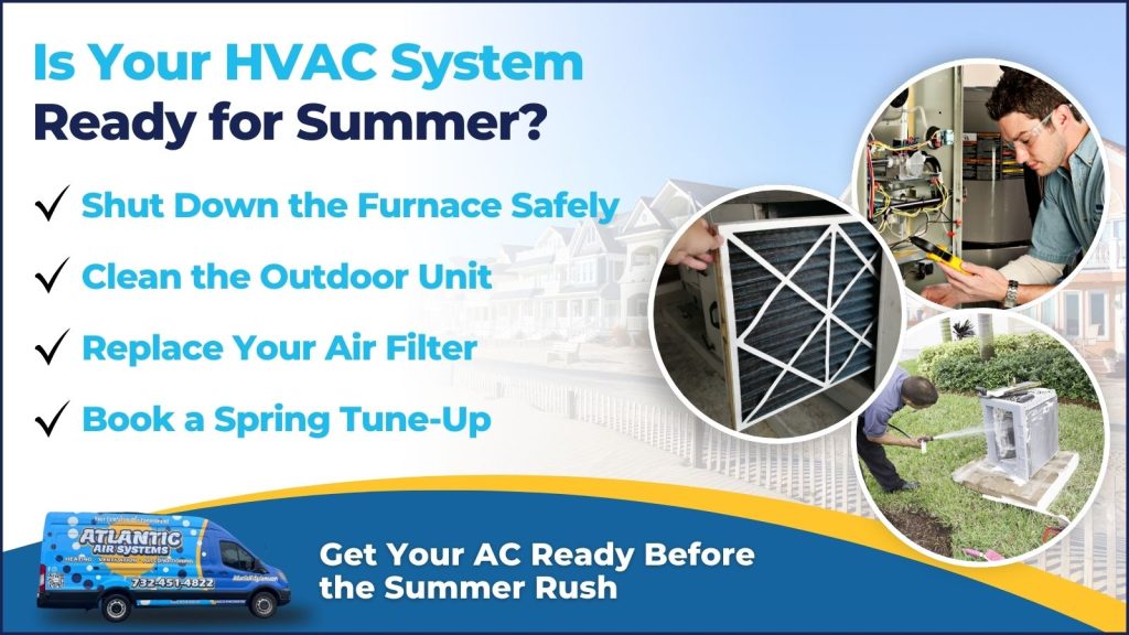 This is an image of a technician, shutting down a furnace, an image of a person changing a filter an image of a technician cleaning an AC unit the headline reads is your HVAC system ready for summer?