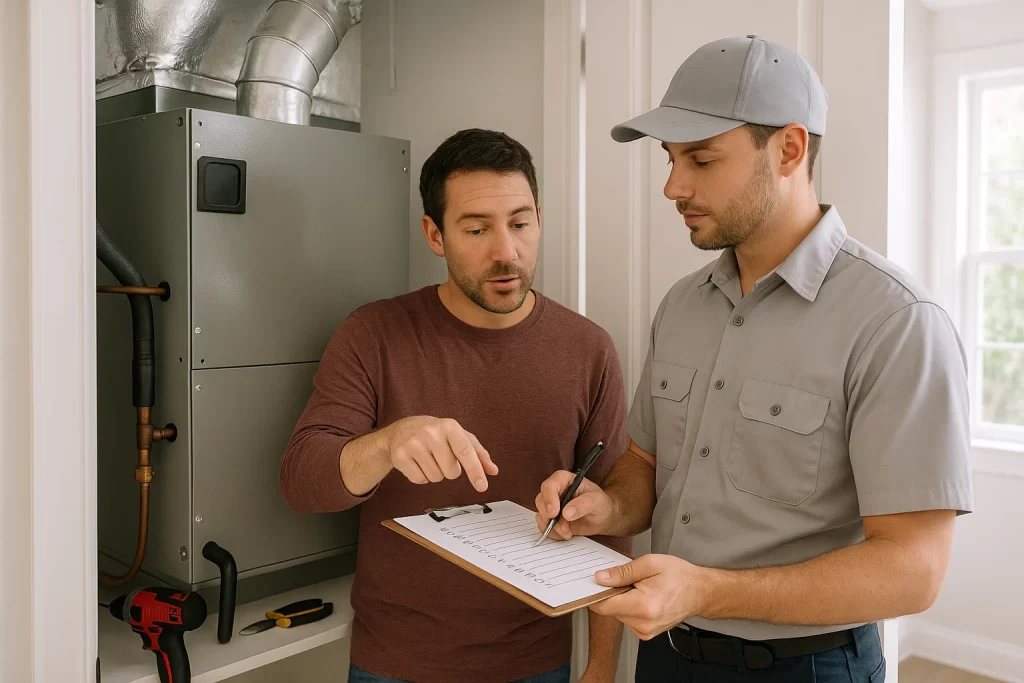 Homeowner and HVAC tech inspecting air handler with checklist