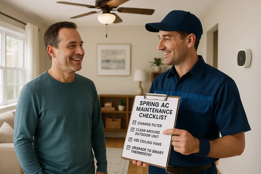 Homeowner reviewing spring AC maintenance checklist with technician in Toms River living room