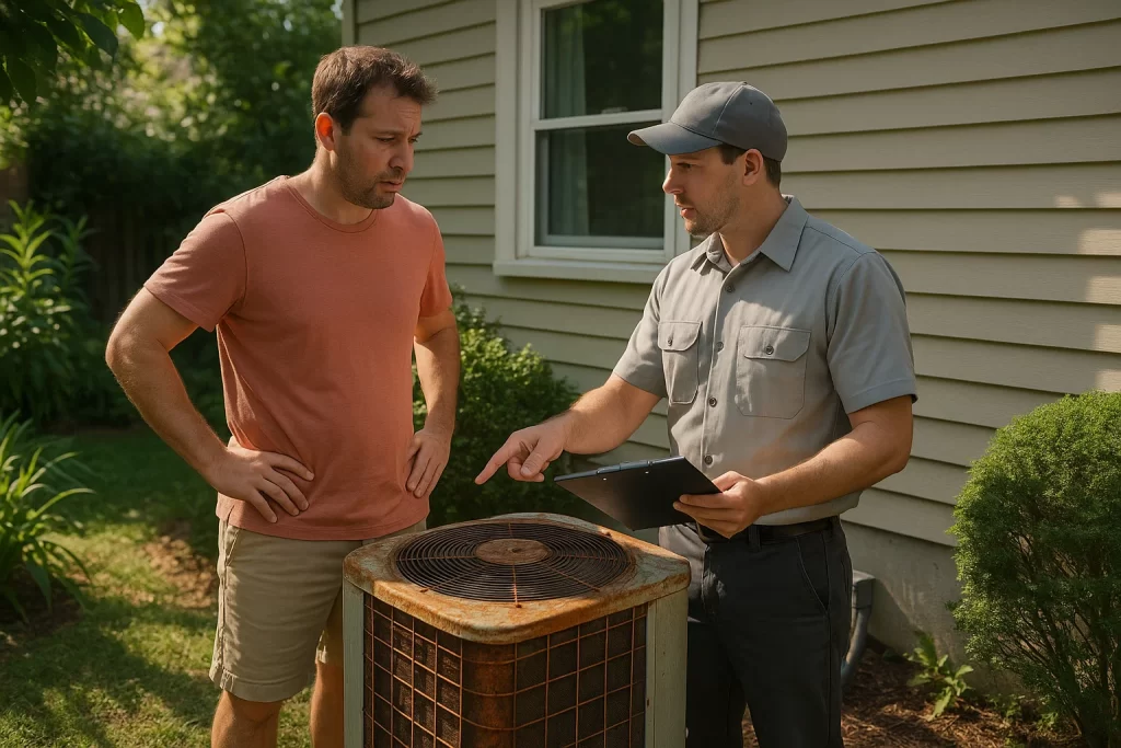 Homeowner discusses AC repair estimate with technician in Seaside Park backyard