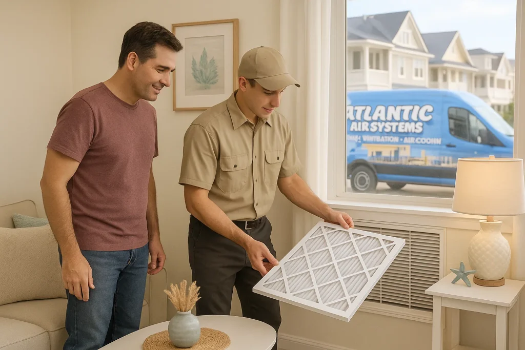 New Jersey homeowner and technician inspecting HVAC filter near coastal window with wildfire haze outside