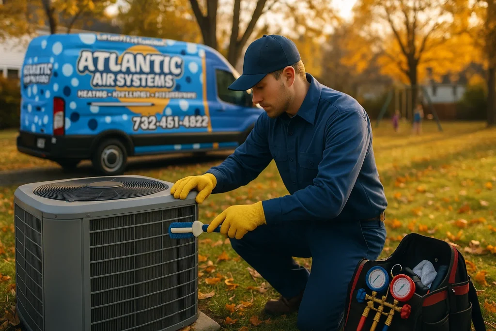 Technician cleaning outdoor HVAC condenser unit surrounded by autumn leaves in Toms River