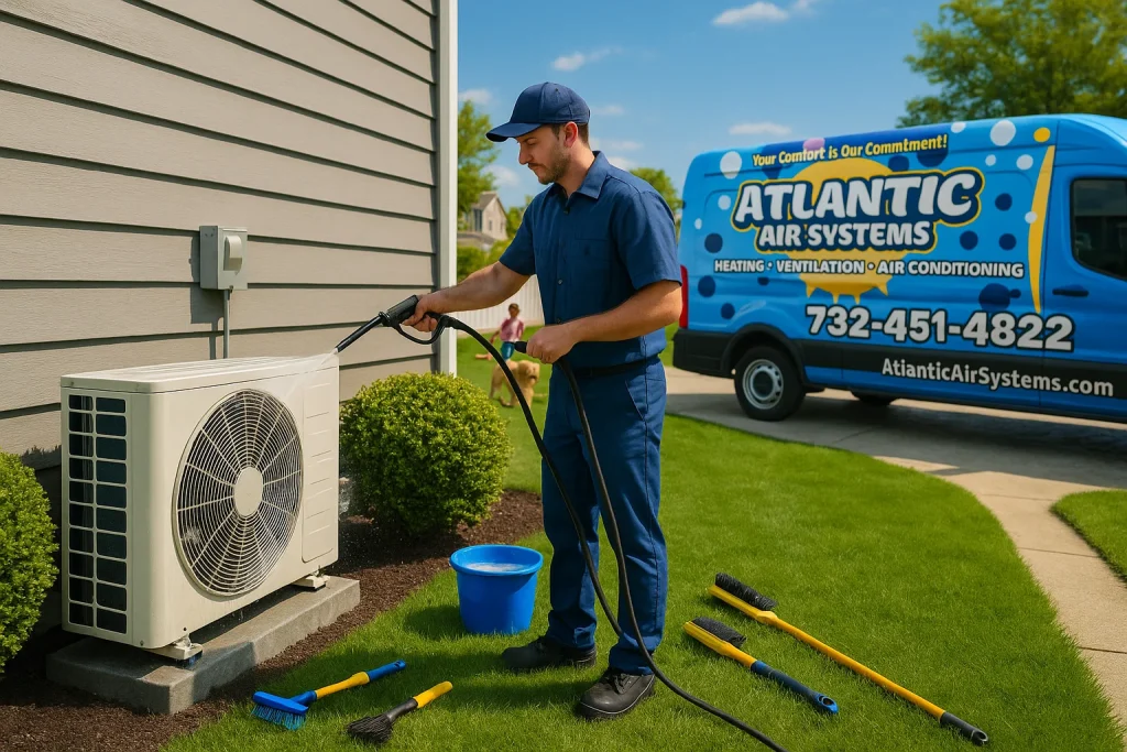 An image of a hvac tech cleaning a heat pump on the side of a house.