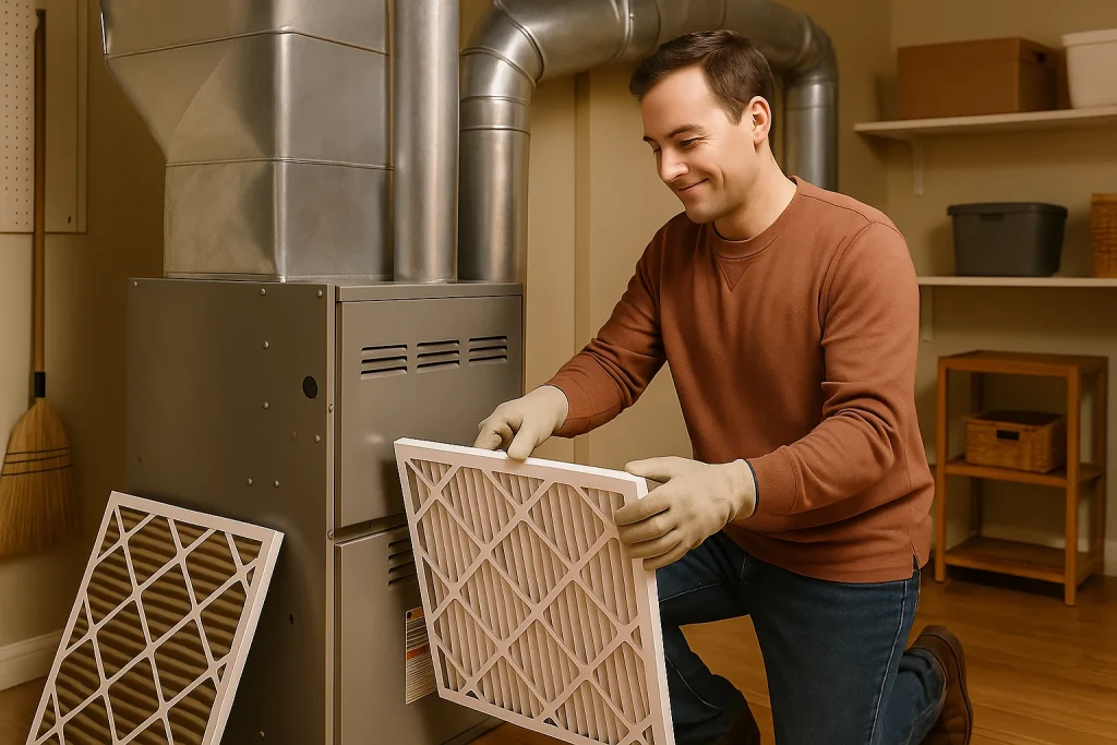 Homeowner changing HVAC air filter in utility room as part of safe DIY heating maintenance
