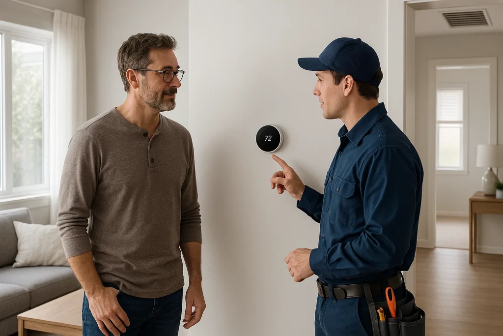 homeowner consulting with HVAC technician and smart thermostat in a room