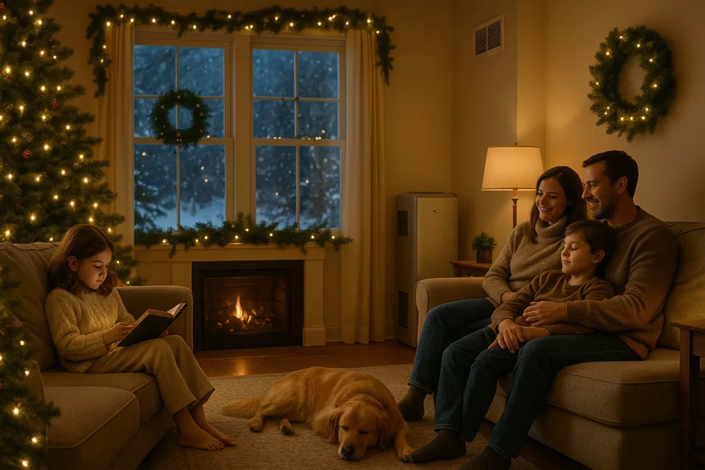 Family relaxing in a holiday‑decorated living room with a whole‑home air purifier providing fresh indoor air.