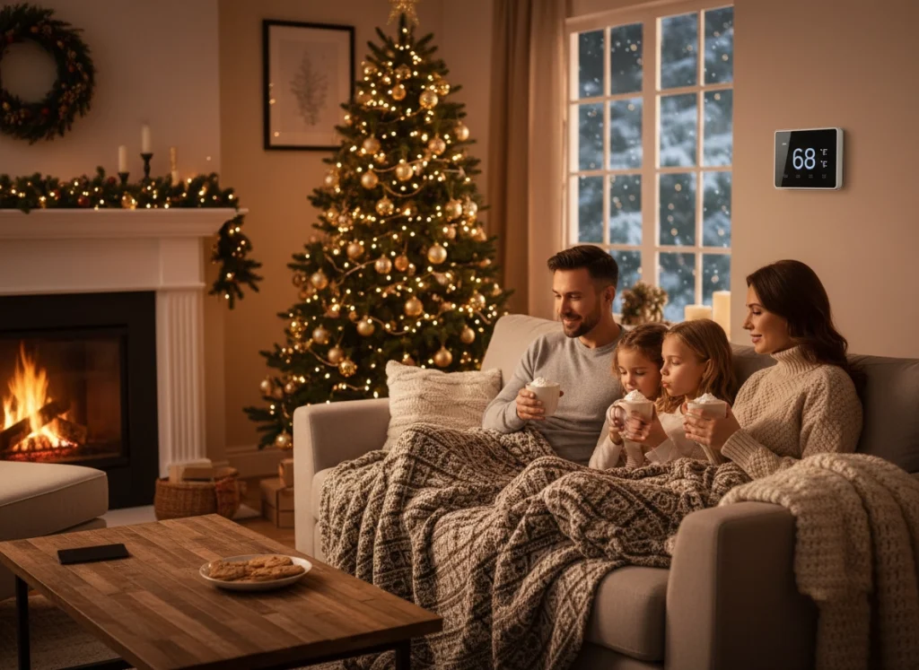 Family relaxing by fireplace with smart thermostat showing energy‑efficient 68°F during holiday evening