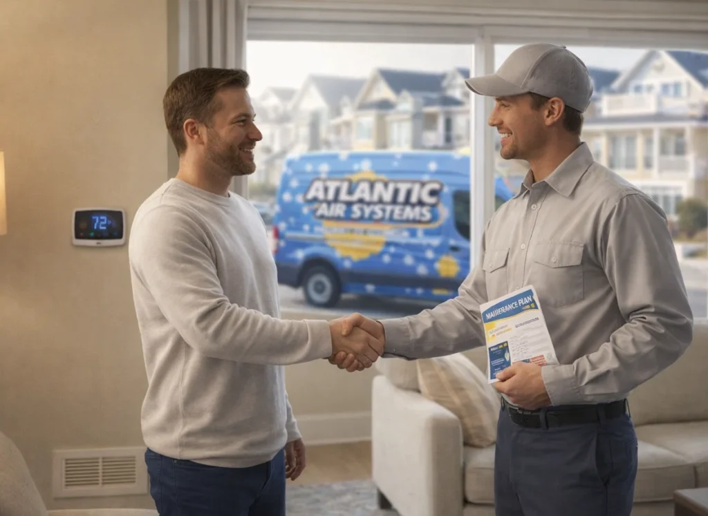 Homeowner shaking hands with HVAC technician after enrolling in maintenance plan