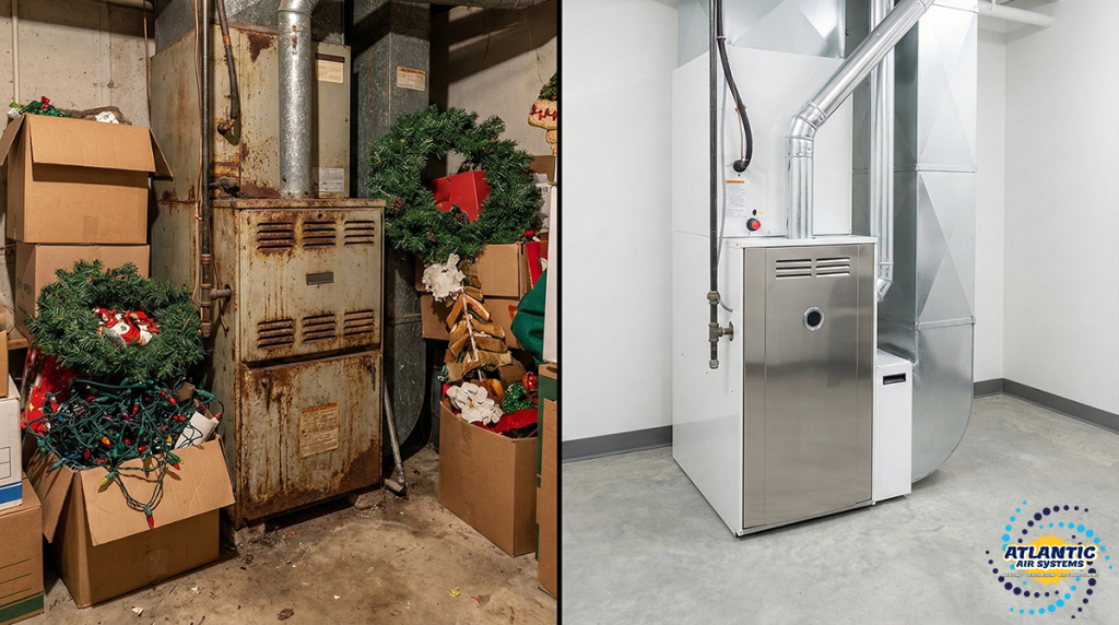 A side-by-side of a an old, cramped heater and a new, modern heater with room to breathe