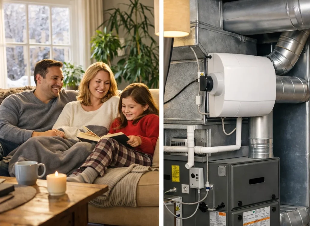 Family relaxes comfortably with whole house humidifier operating in Point Pleasant living room