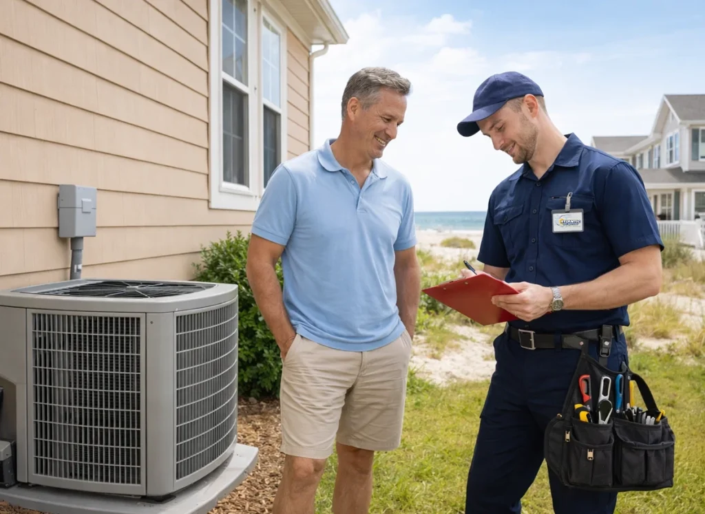 Homeowner and HVAC technician explaining why heating bills stay high even after lowering thermostat in Seaside Park NJ