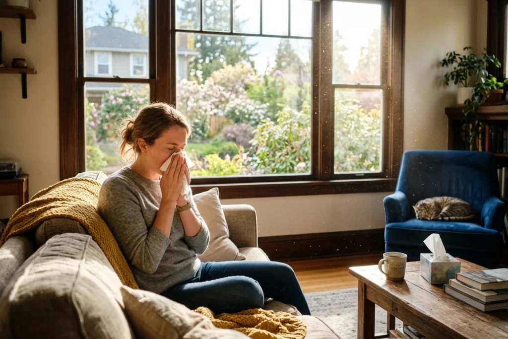 A woman suffering from an allergy attack in her home.