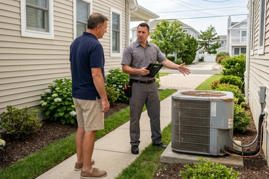 Seaside Park homeowner discussing AC replacement warning signs