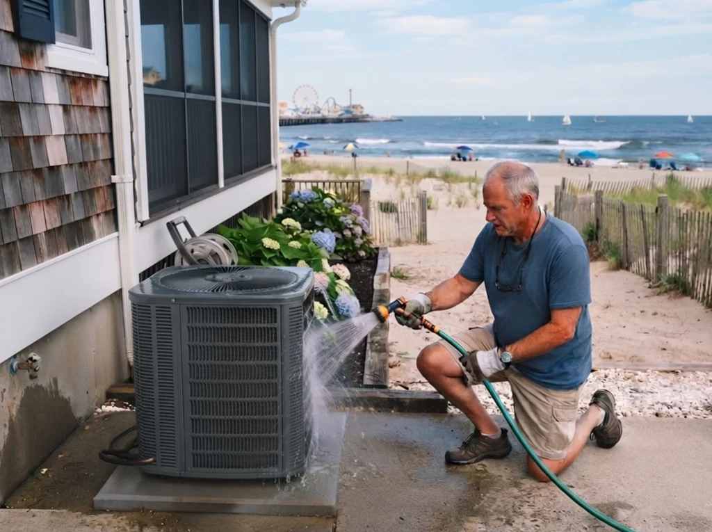 A Point Pleasant, New Jersey homeowner cleaning his AC condenser unit on the side of his house.