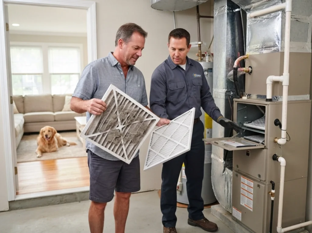 Spring Lake homeowner reviewing summer HVAC filtration with a technician