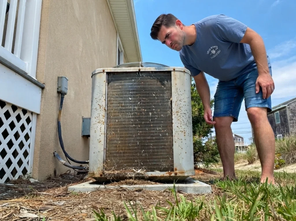 A homeowner trying to figure out what the odd noise is coming from his AC condenser unit