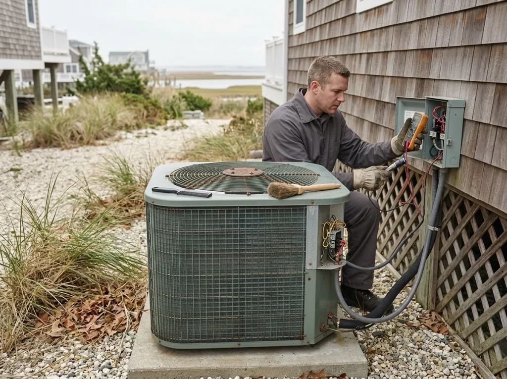 HVAC technician preparing outdoor equipment at a Long Beach Island shore home for winter